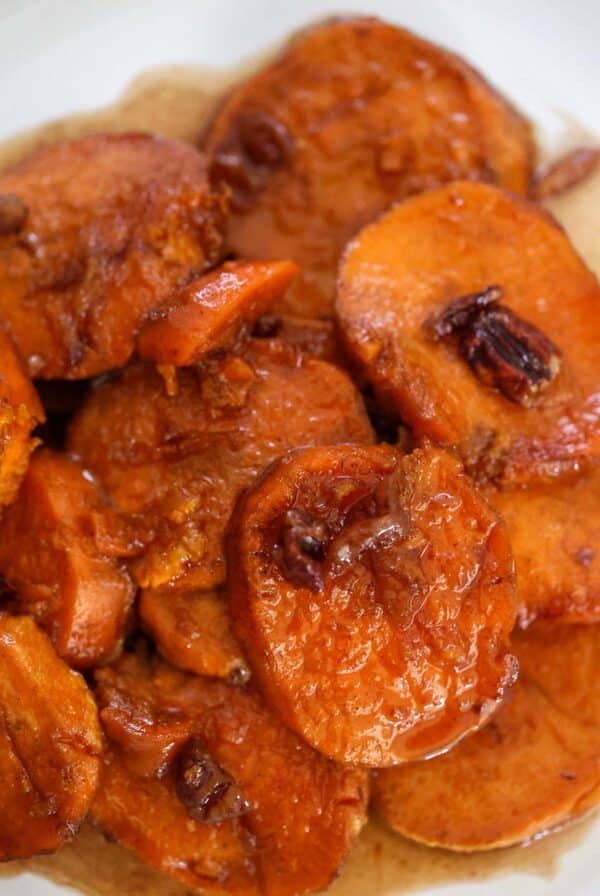 bourbon candied yams with pecans on top.